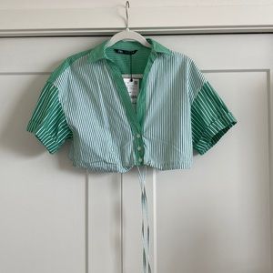 ZARA WOMENS Cropped Collared Green Striped Blouse